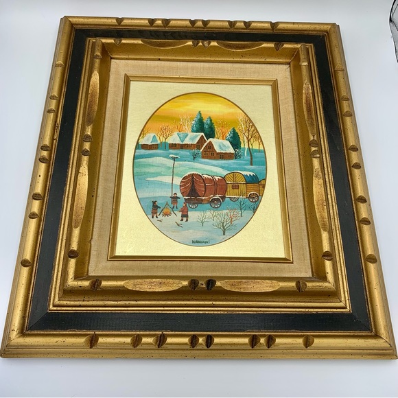 Vintage Framed Winter Oil Painting 16x18 Snow Scene Covered Wagon SIGNED (1950s) - Picture 7 of 13